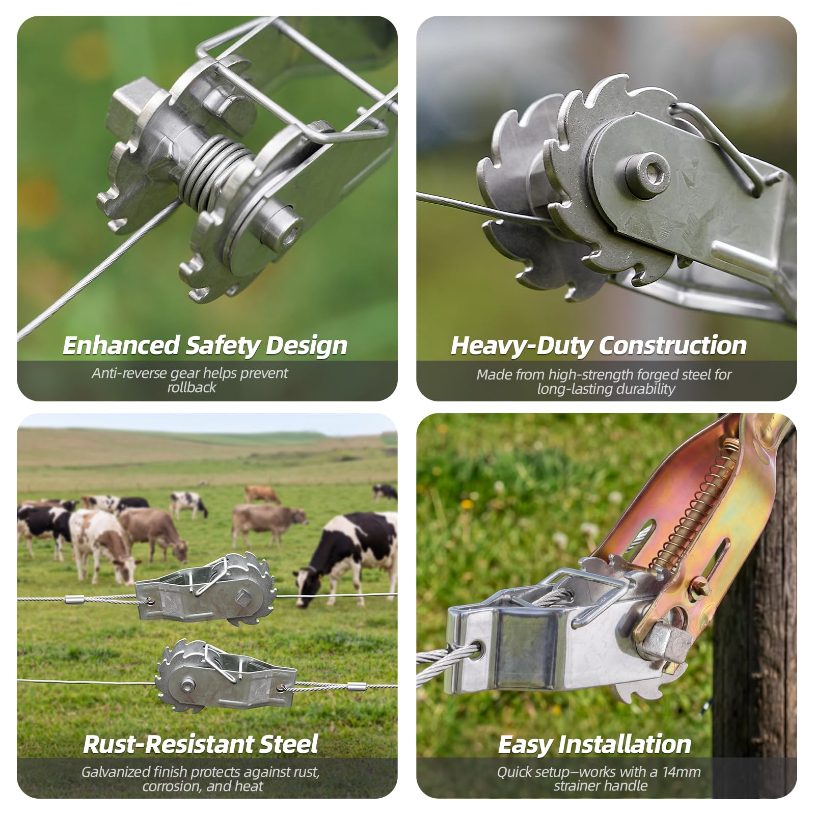 FENSMILE tensioner in use pulling fence wire tight, speeds installation benefit