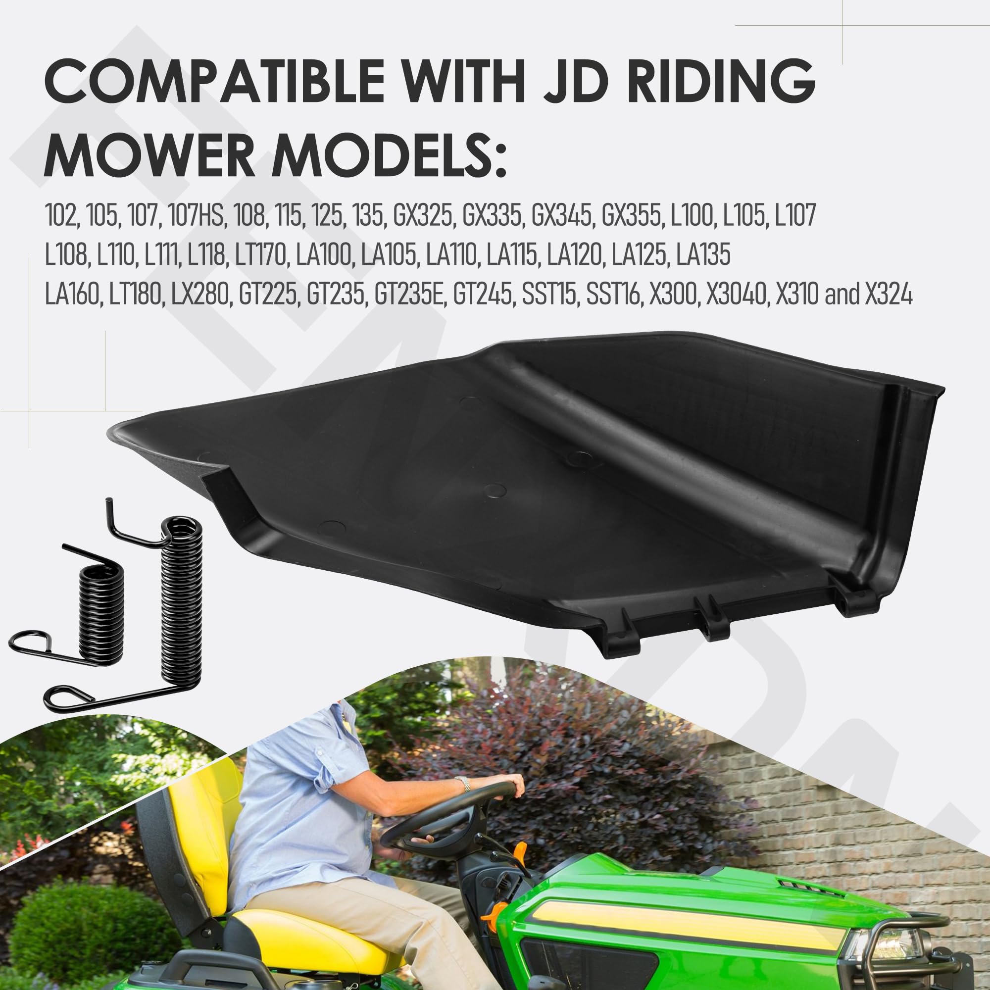 FENXDN chute cover installed on John Deere 42-inch deck for correct fit