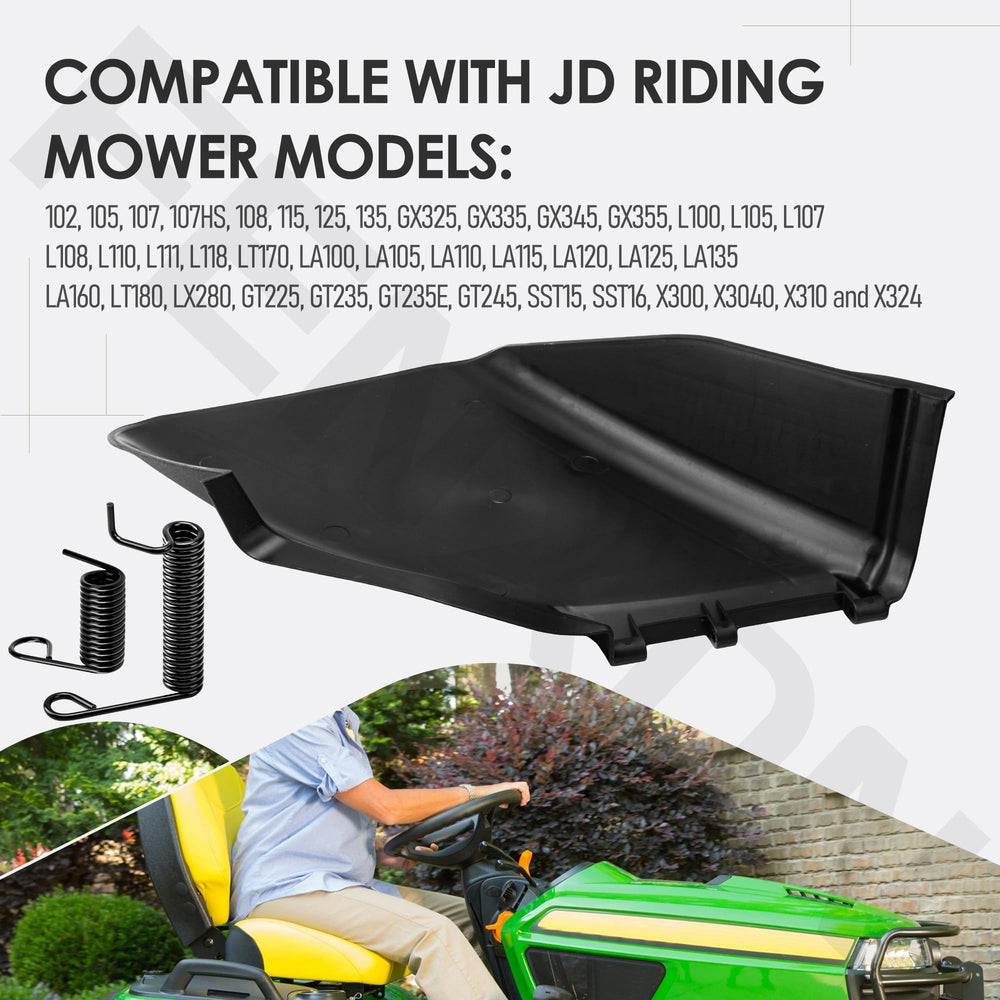 FENXDN chute cover installed on John Deere 42-inch deck for correct fit