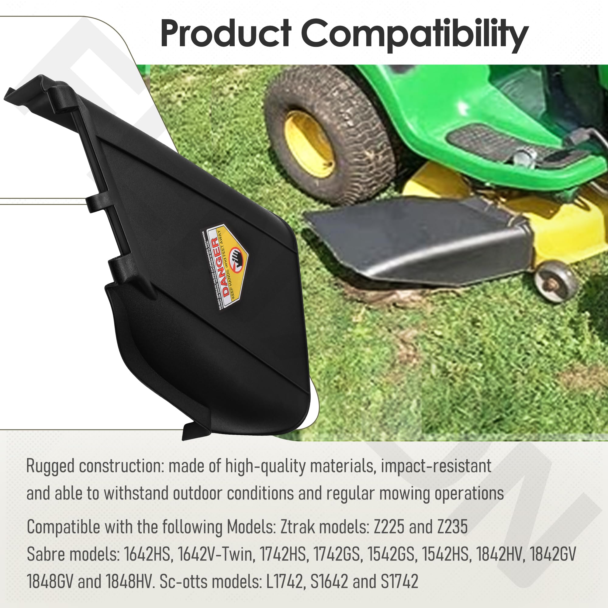 FENXDN chute cover on mower in yard demonstrating restored safe discharge