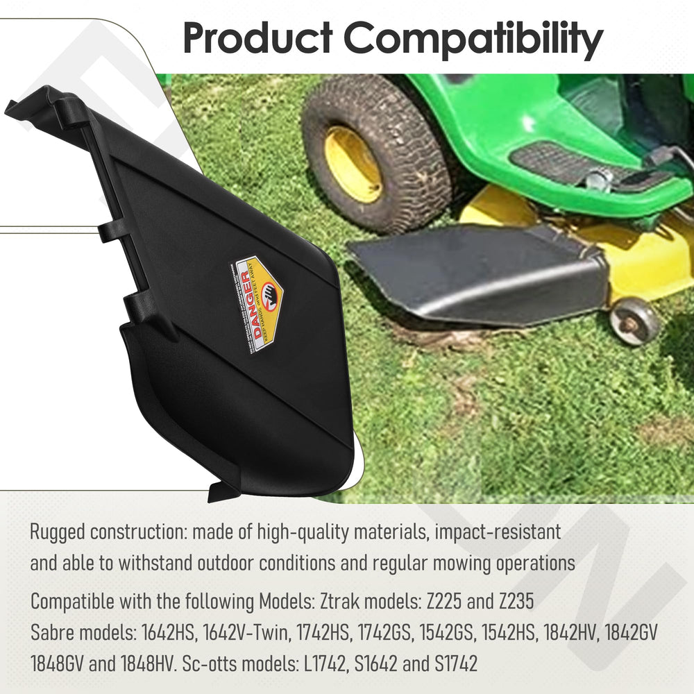 FENXDN chute cover on mower in yard demonstrating restored safe discharge