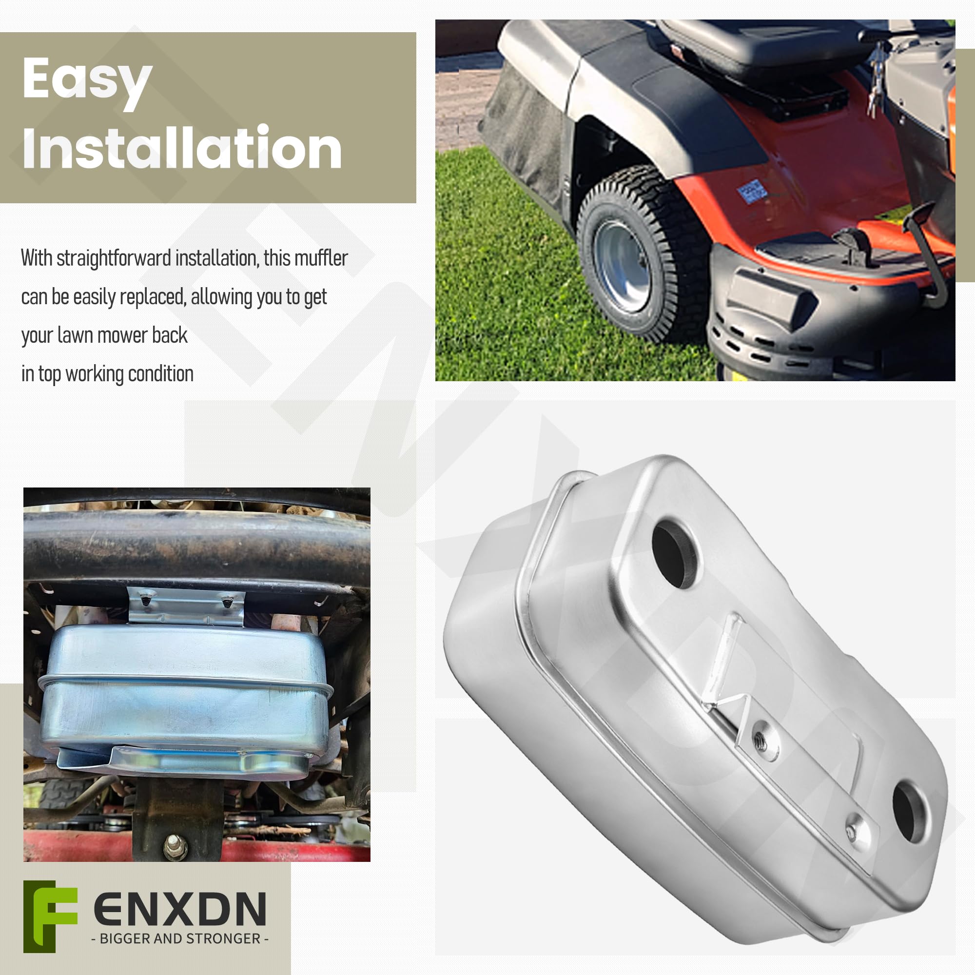 FENXDN muffler installed on a zero-turn mower demonstrating restored exhaust benefit