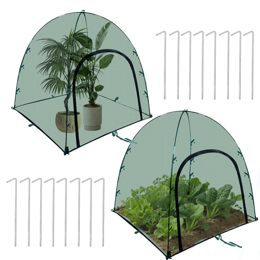 Feoang front view of two mesh plant tents showing full coverage and protection