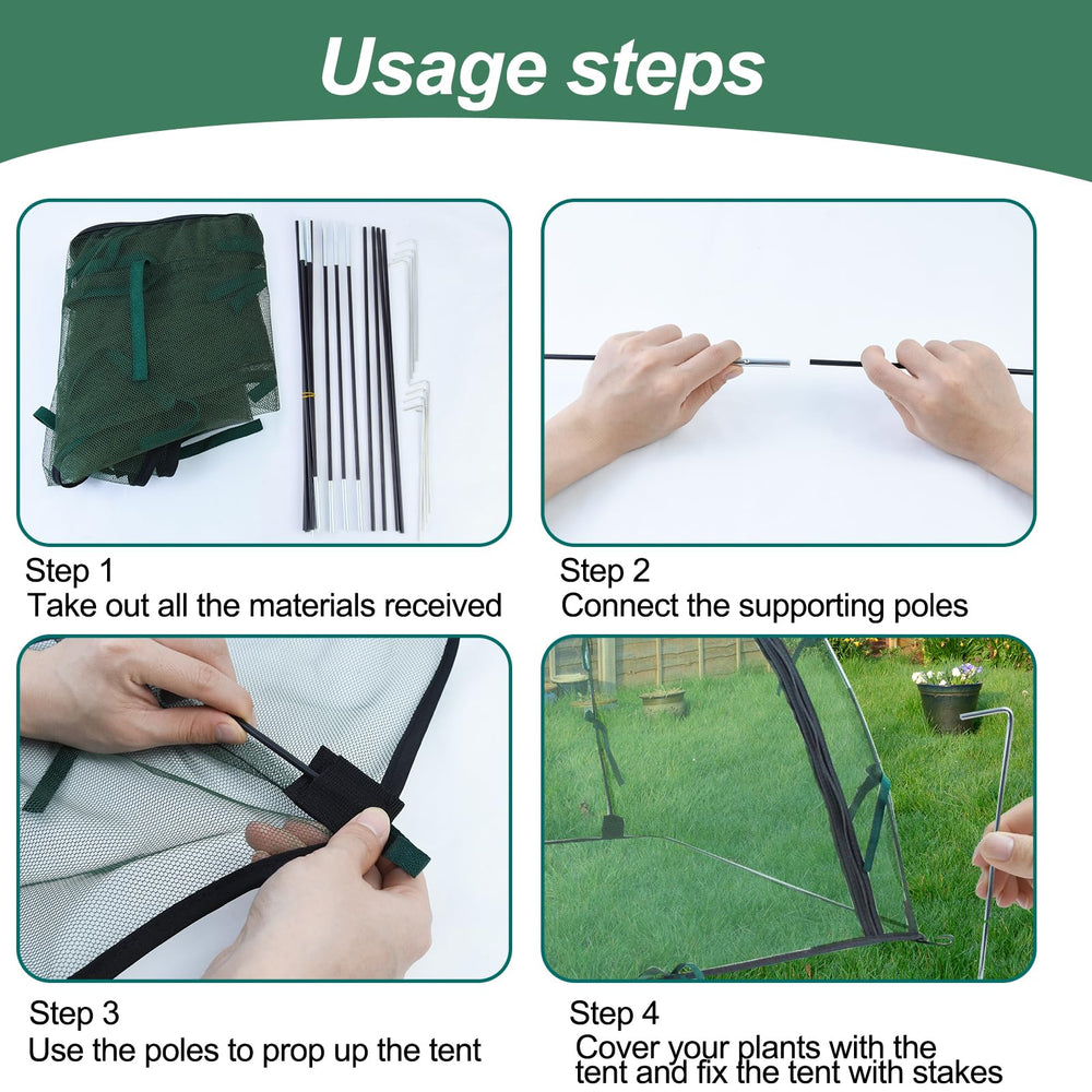 Feoang tent installed over vegetable bed protecting crops from birds and pests