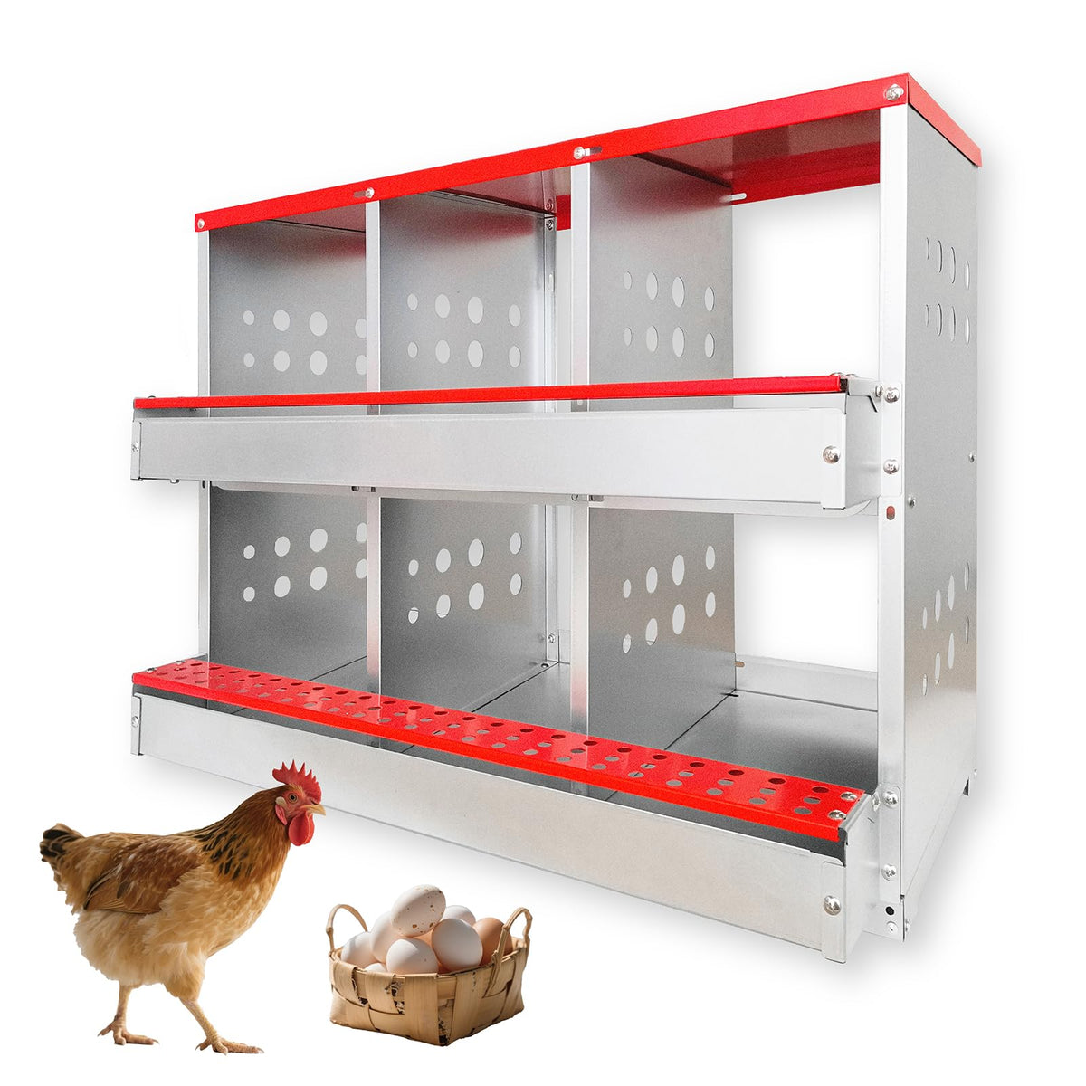 FEOKUMO front view of 6-compartment nesting box showing cleaner egg collection
