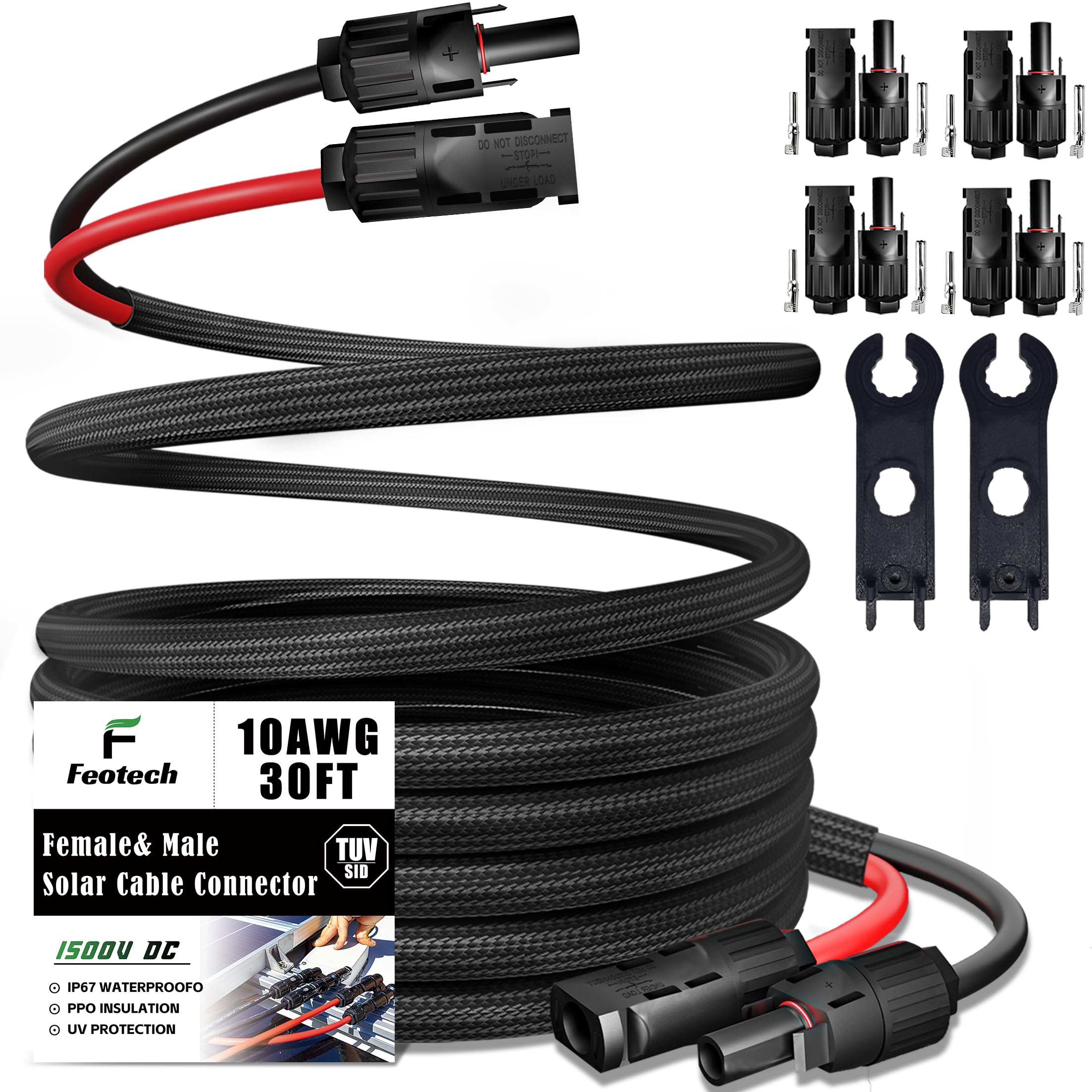 Feotech front connectors showing secure MC4 ends and quick connection benefit