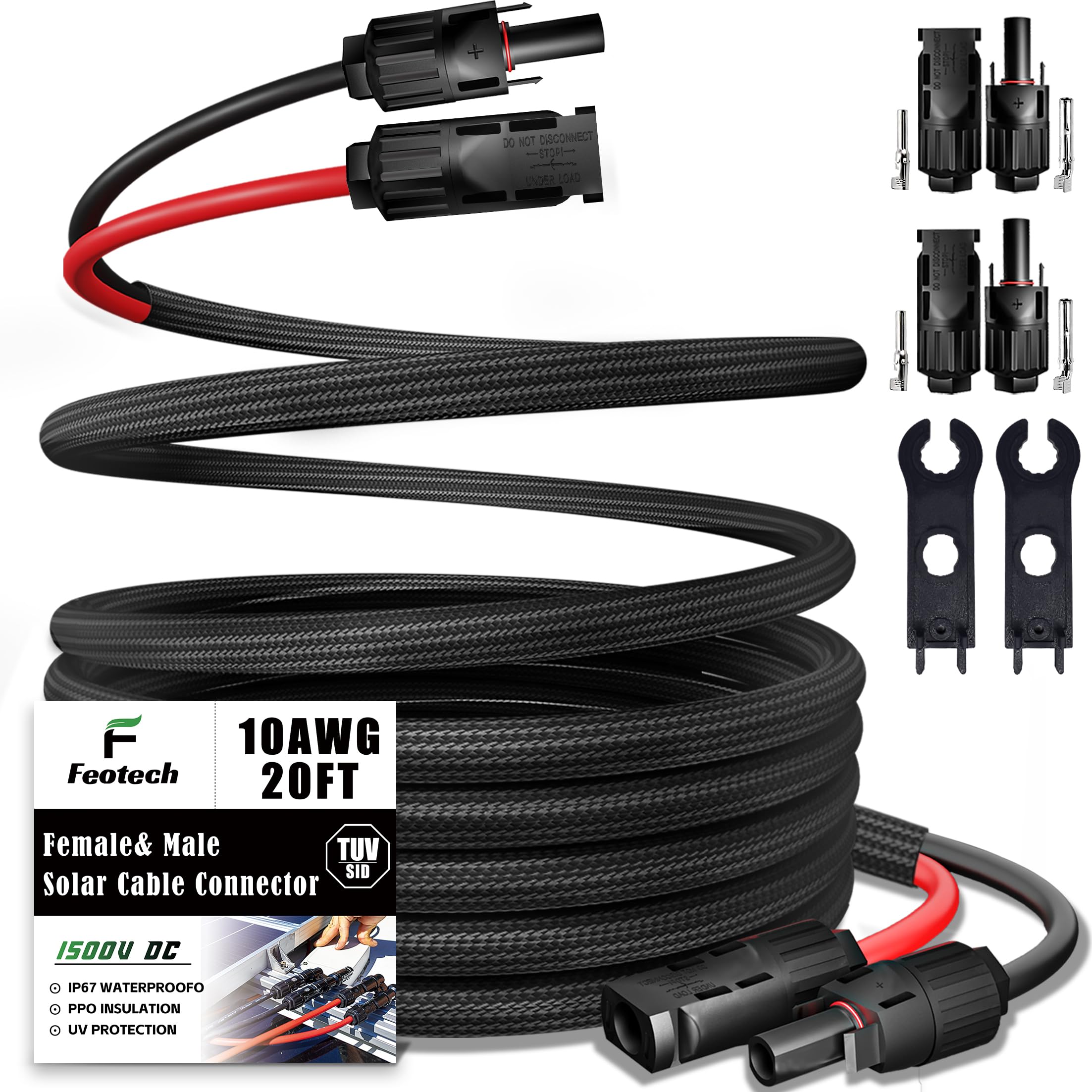 Feotech front packaging showing cable and adapter kit, durable weatherproof benefit
