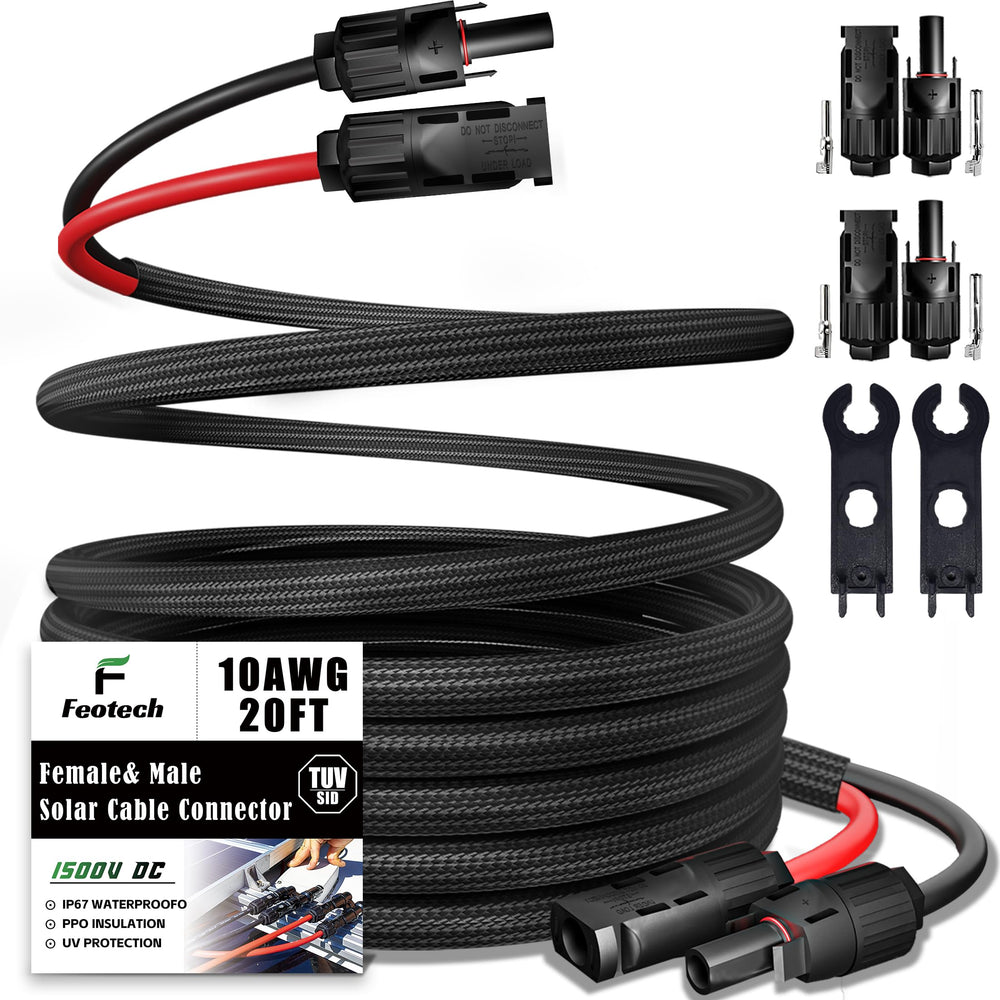 Feotech front packaging showing cable and adapter kit, durable weatherproof benefit
