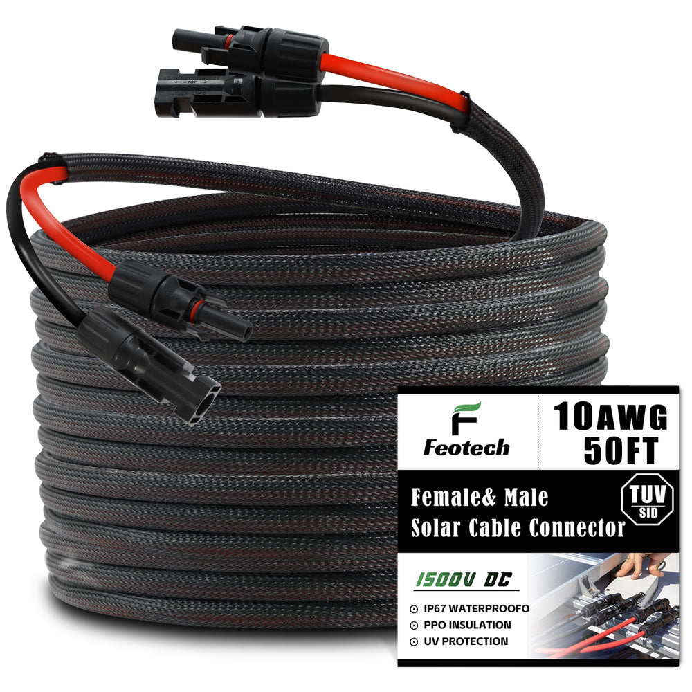 Feotech front packaging showing 50FT twin wire kit and included connectors, durable and ready