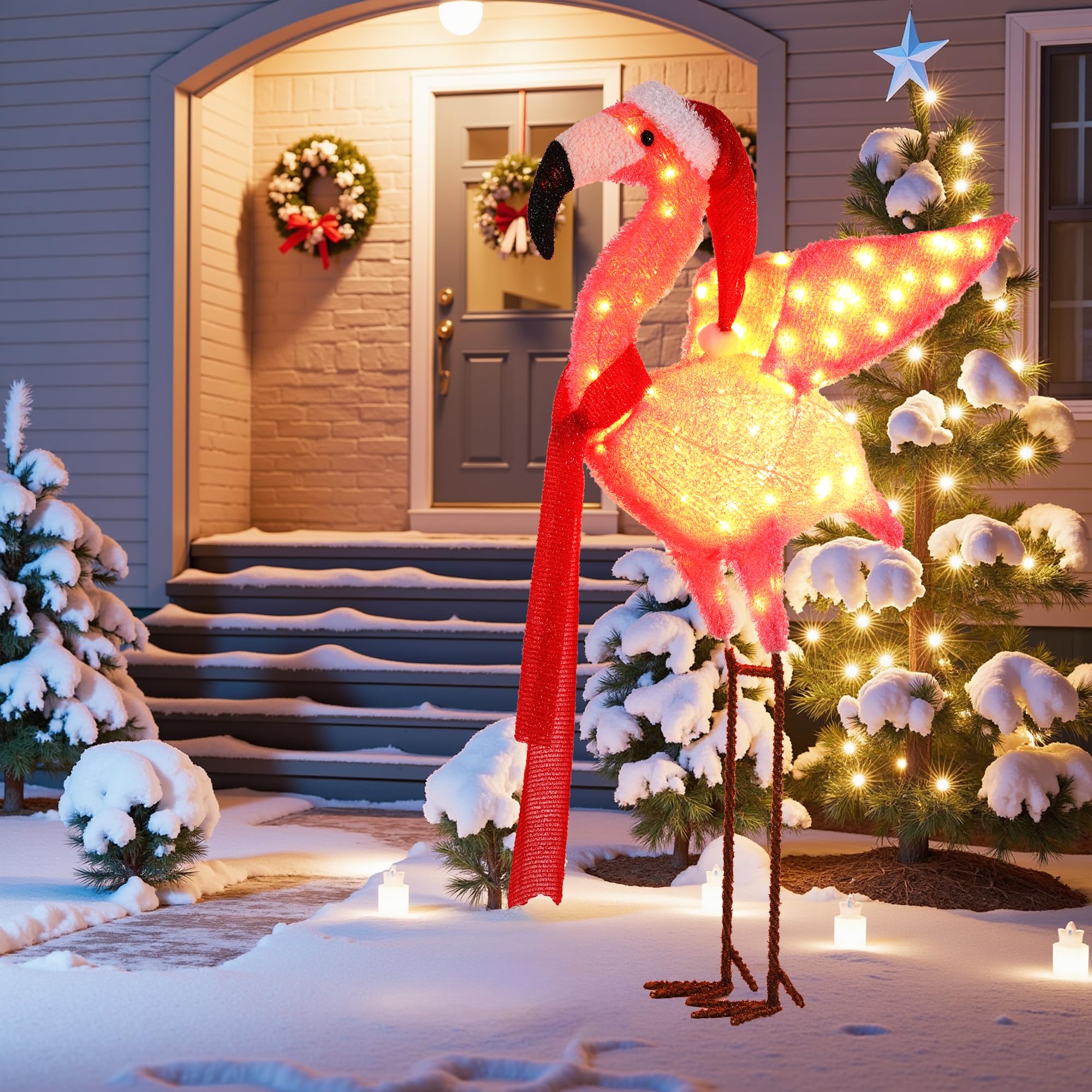 Fereowth flamingo on porch styled for holidays adding playful seasonal charm
