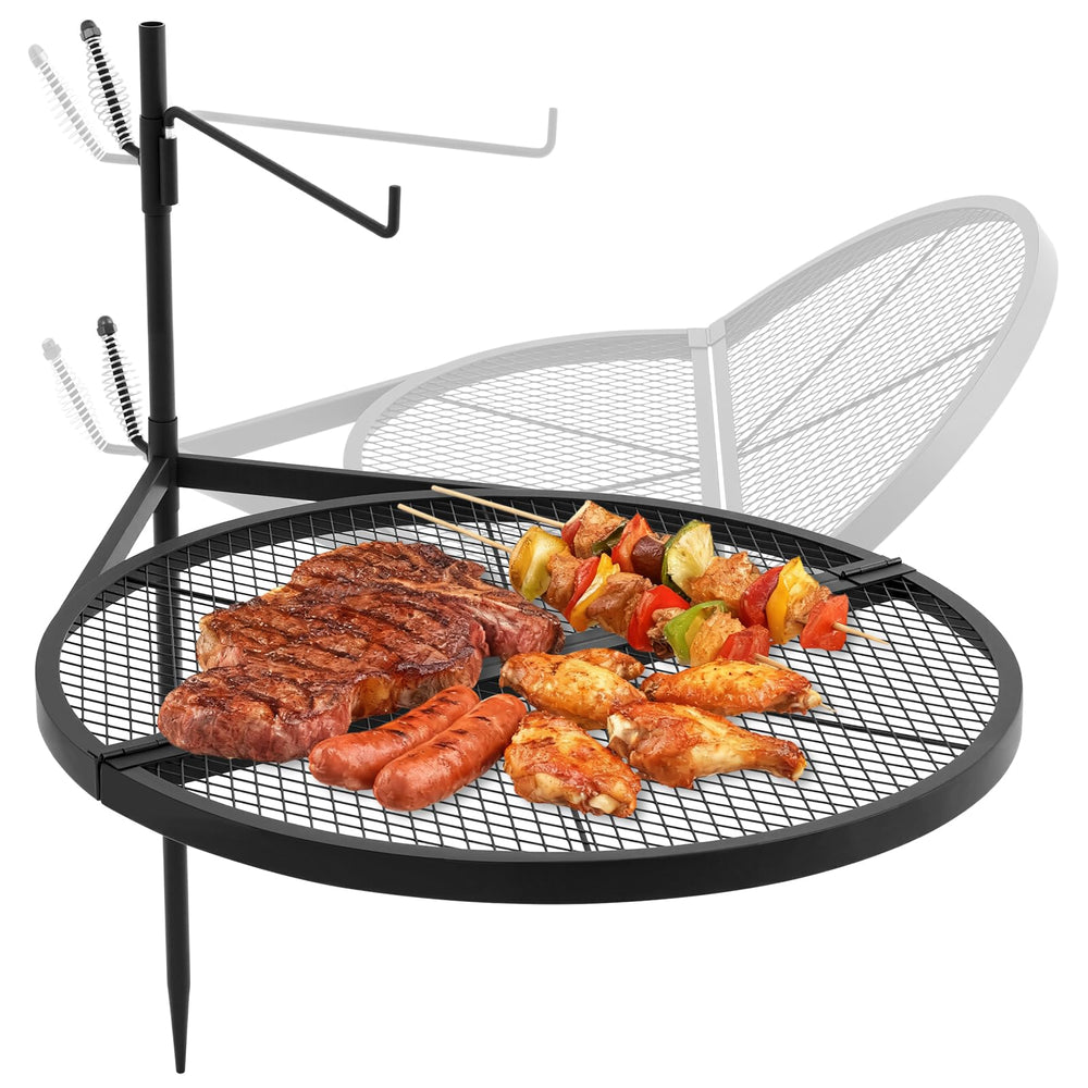 Ferrochef front view of 24-inch fire pit grill showing sturdy round cooking surface and stake for secure cooking