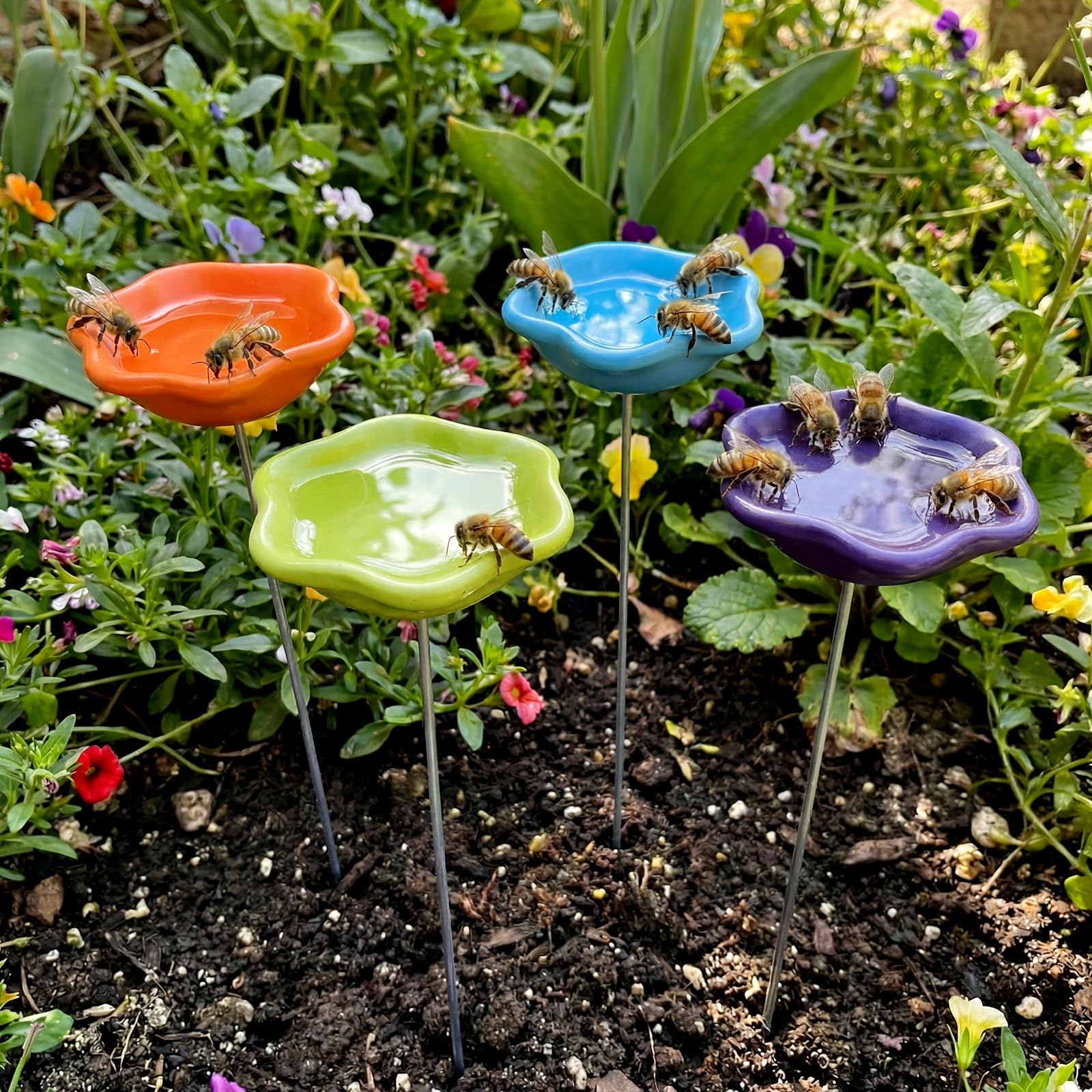 Ferrochef front view of four colorful watering cups showing garden benefit