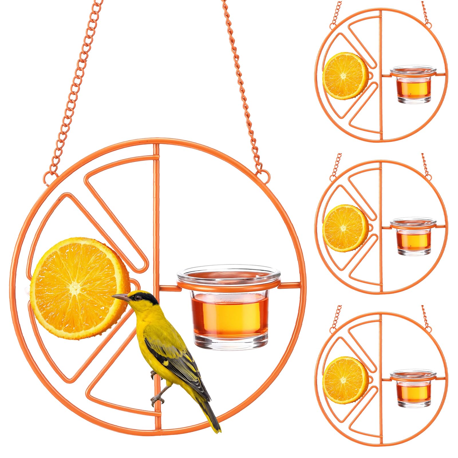 Ferrochef front view orange feeder showing bright color and metal frame benefit: attracts orioles