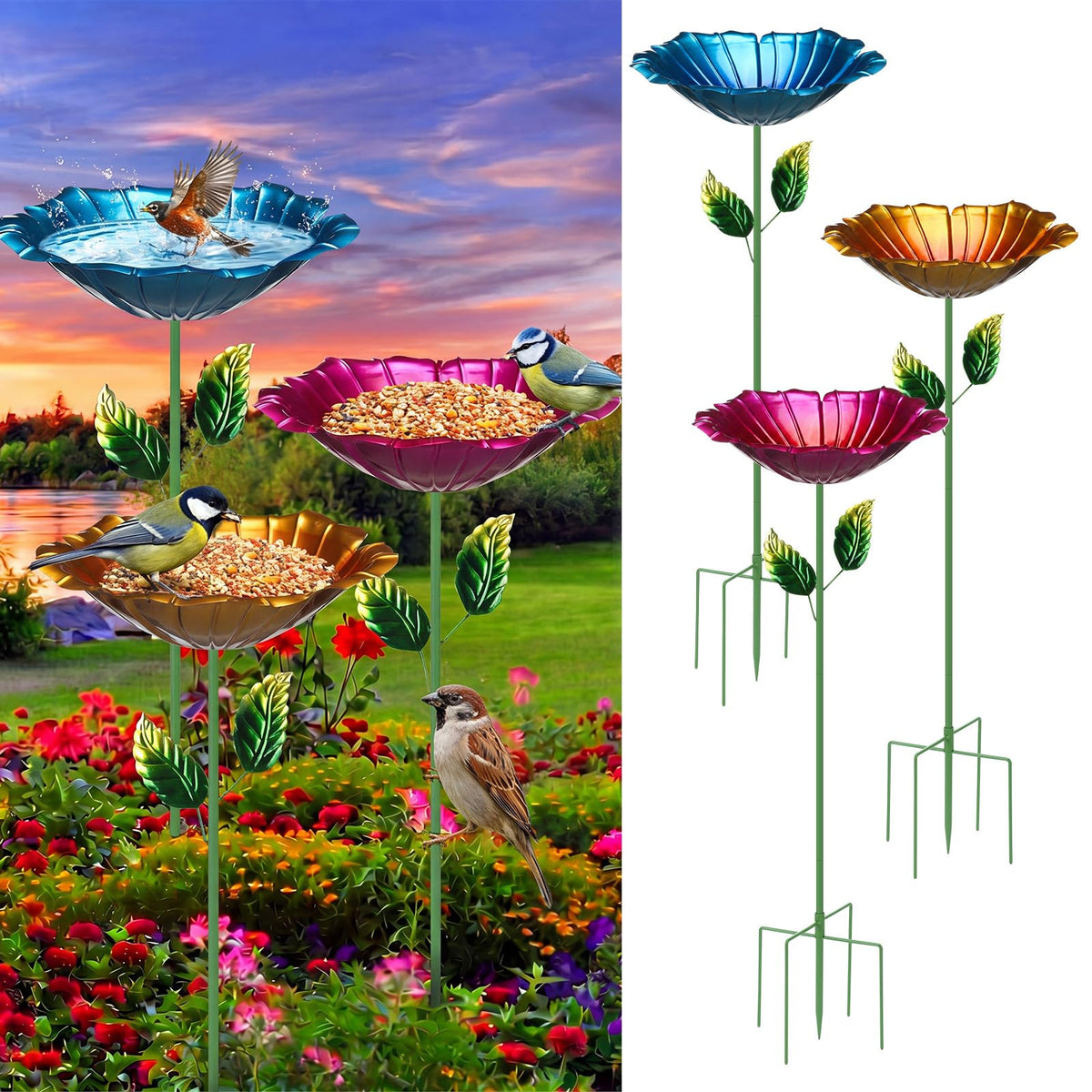 Ferrochef front view of three colorful flower bird baths attracting birds