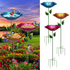 Ferrochef front view of three colorful flower bird baths attracting birds
