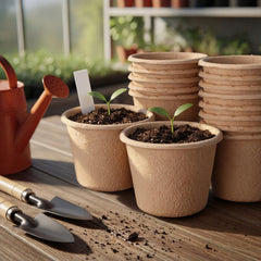 Ferrochef peat pots with seedlings demonstrating easy transplant and reduced root shock