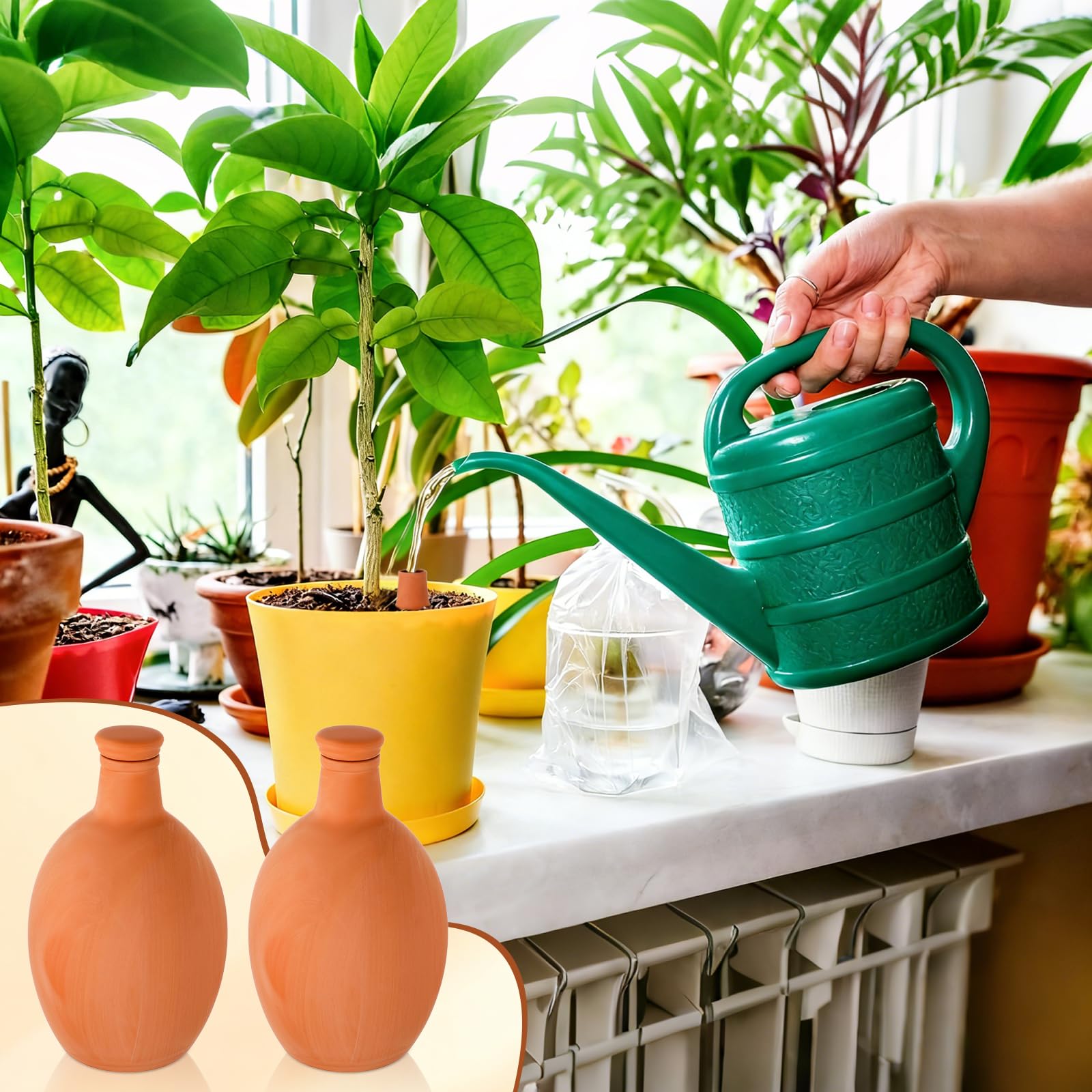 Ferrochef ollas in a patio garden providing low-effort watering solution