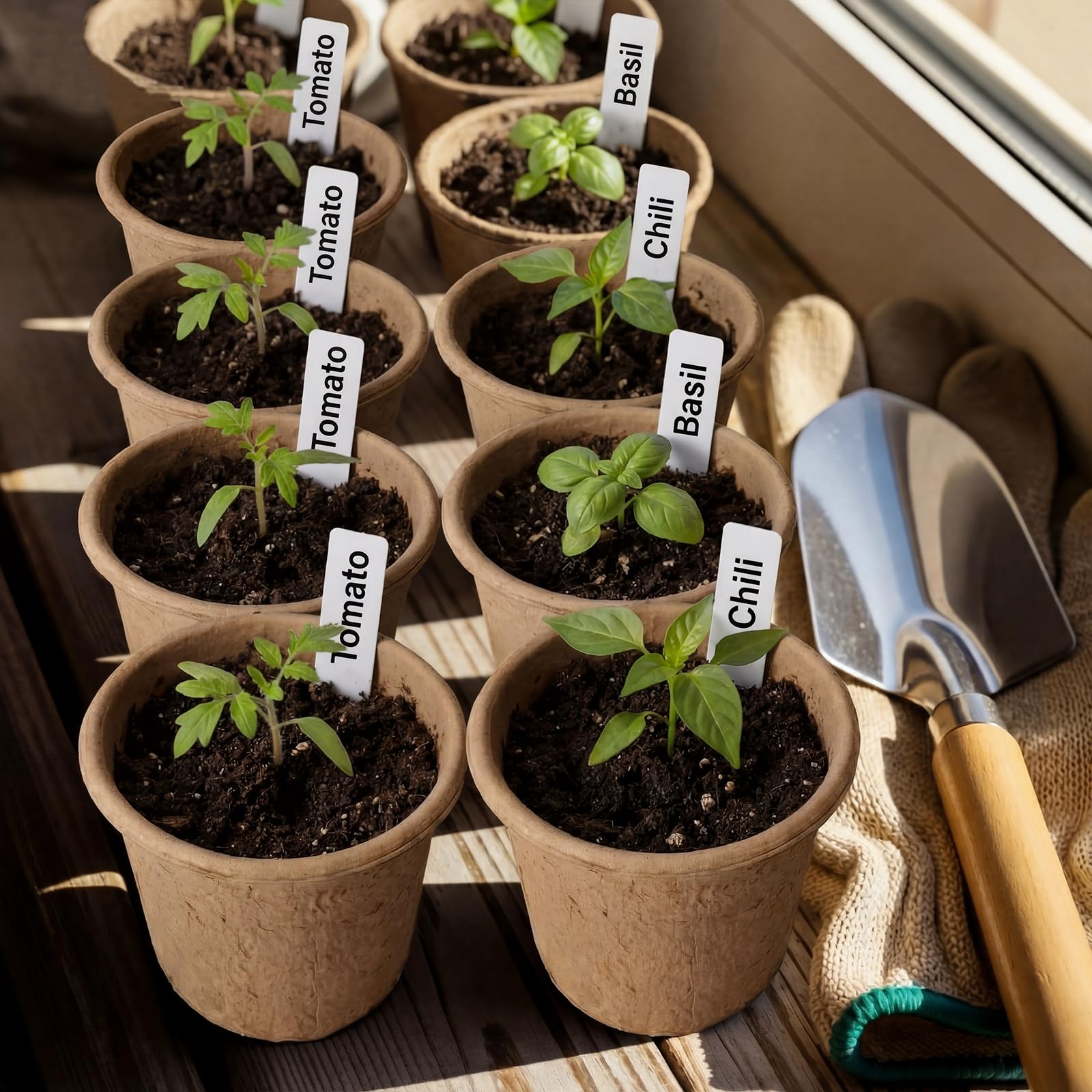Ferrochef plant tags close-up displaying neat labeling and organized seed tracking
