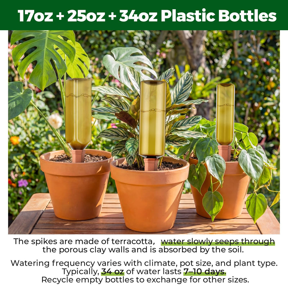 Ferrochef spike inserted in pot, hands-free plant hydration benefit