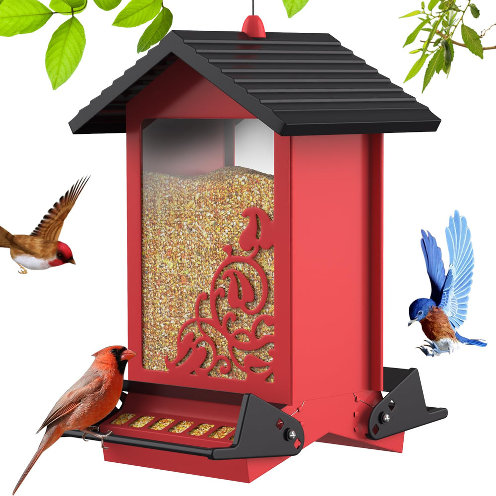 FETUSI front view of red squirrel proof feeder showing house shape and perches benefits easy monitoring