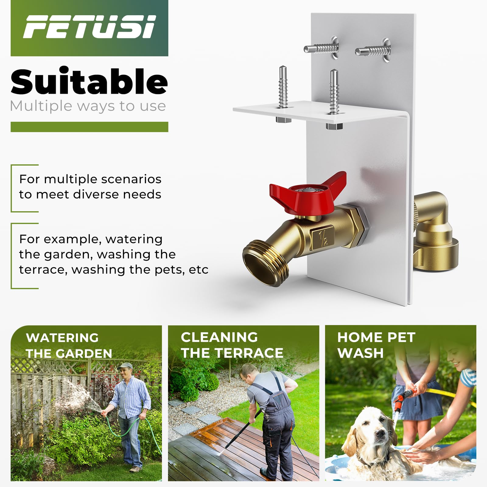 FETUSI hose attached to spigot in garden demonstrating convenient watering