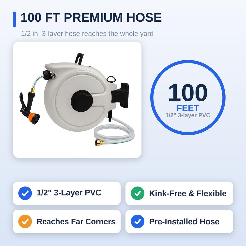 FEVONE hose reel mid-retract showing smooth auto-rewind and tangle reduction