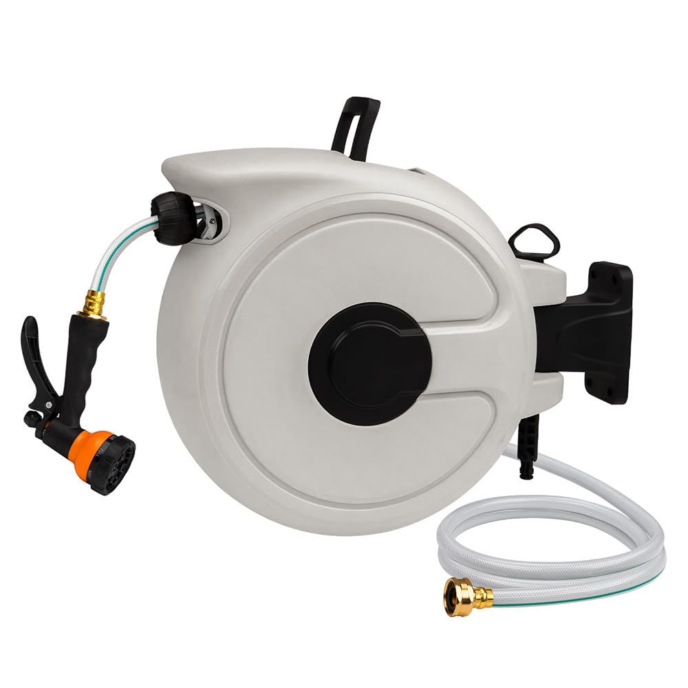 FEVONE front view of retractable hose reel showing tidy storage and easy access