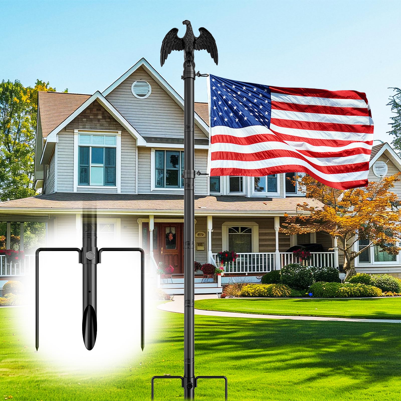 FFILY front view flag pole with eagle topper showing durable finish and curb appeal