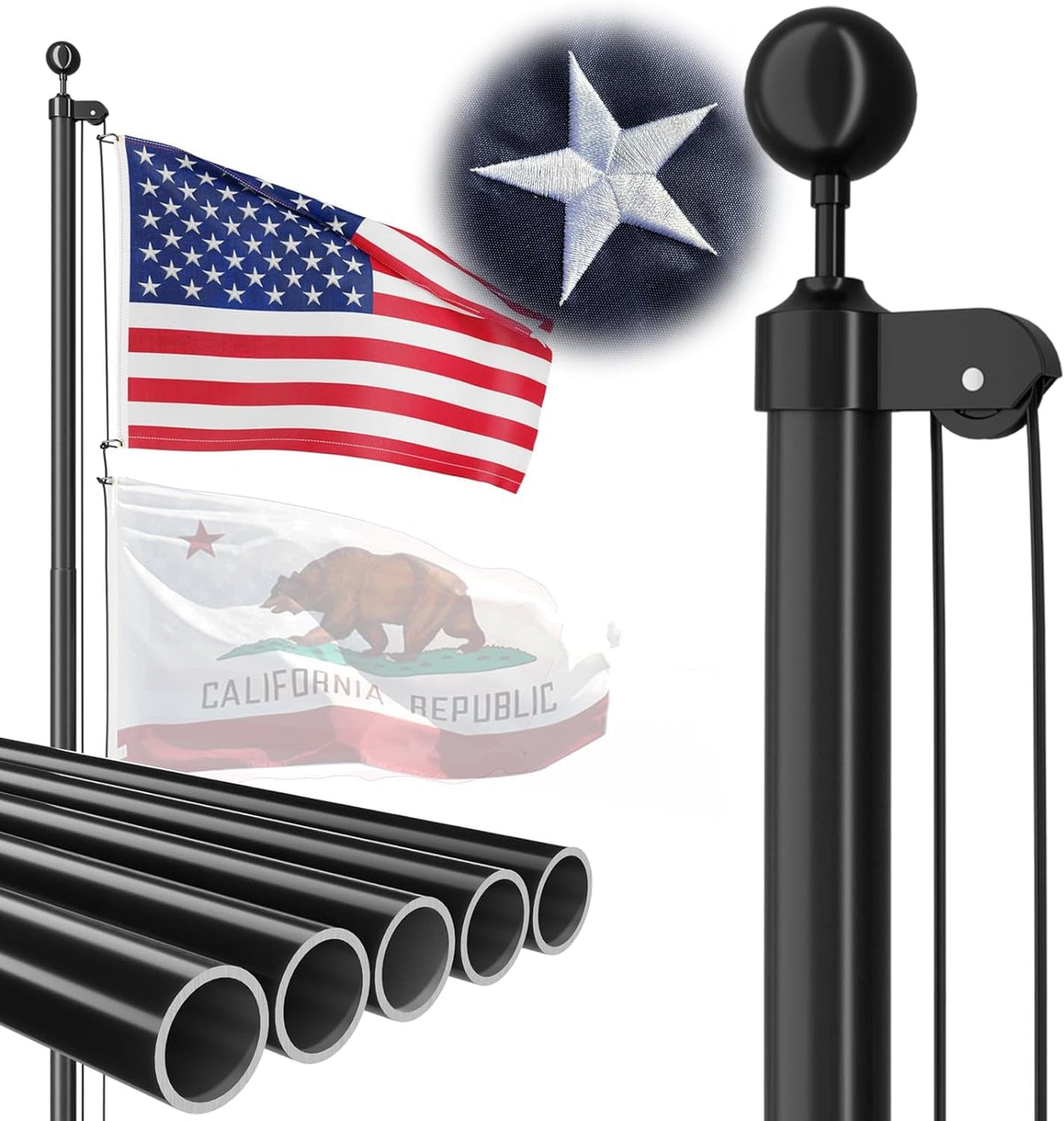 FFILY front view of 16ft pole showing sturdy black finish and curb appeal