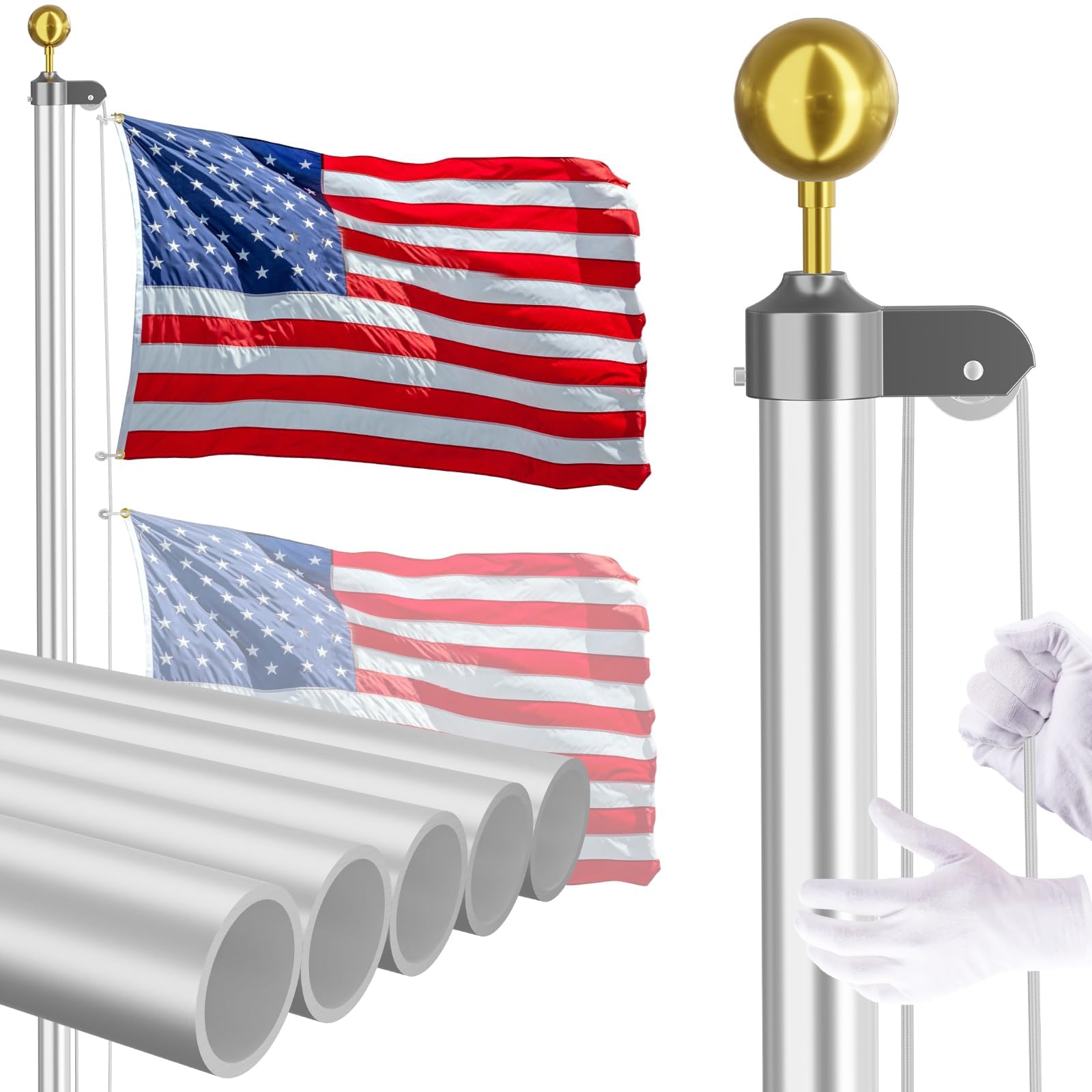 FFILY front view of assembled 20 ft pole showing classic silver finish and flag