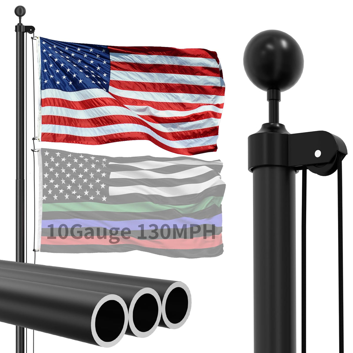 FFILY flag pole full height front view showing sturdy installation benefit