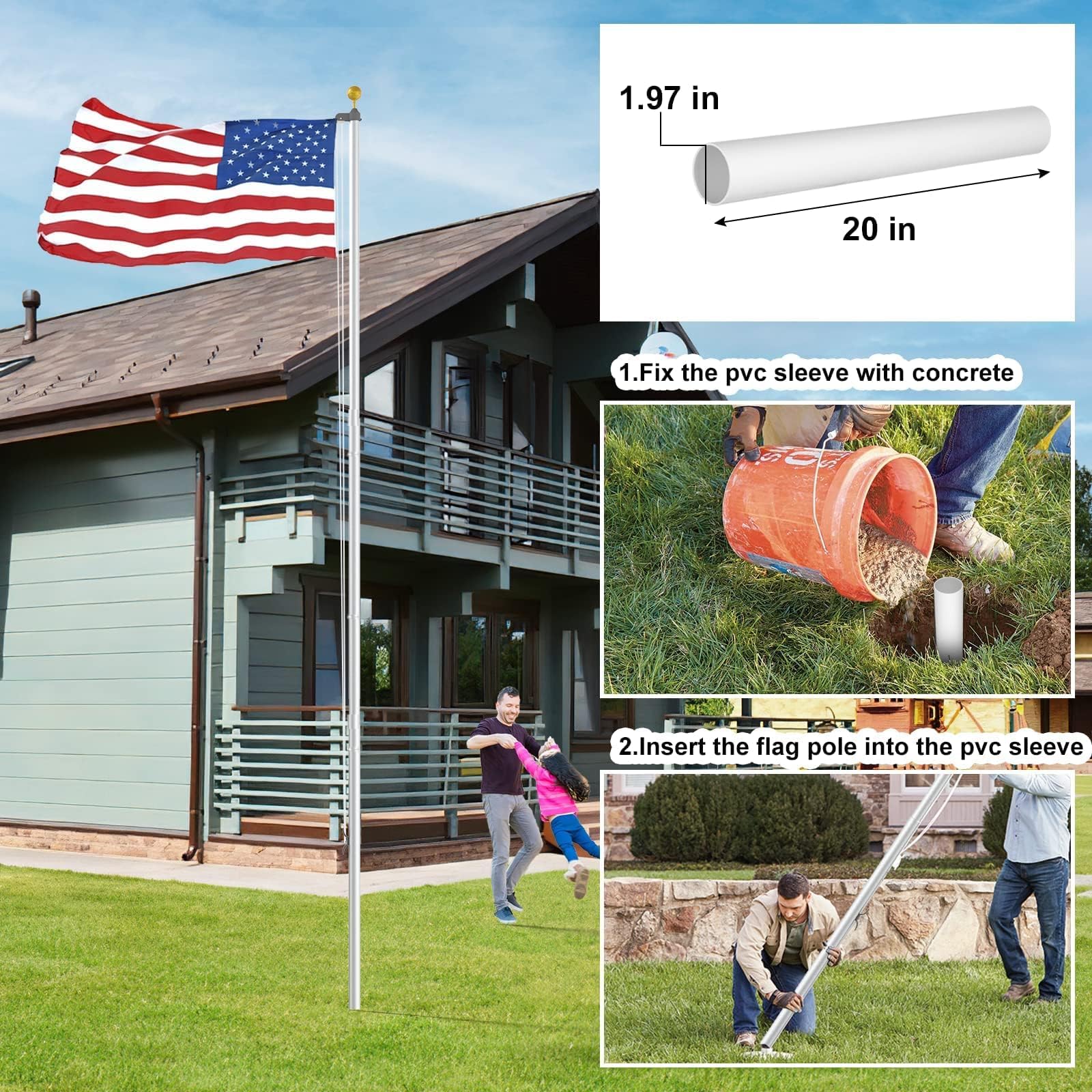 FFILY pole flying American flag in a residential yard demonstrating proud display
