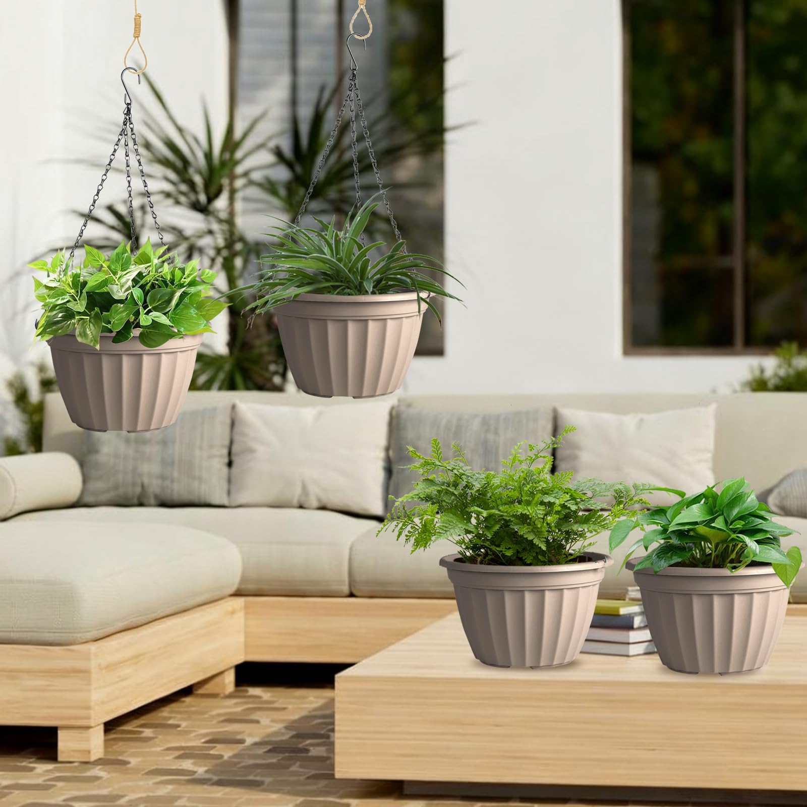 FGstyle four planters hanging on porch showing coordinated outdoor styling benefit