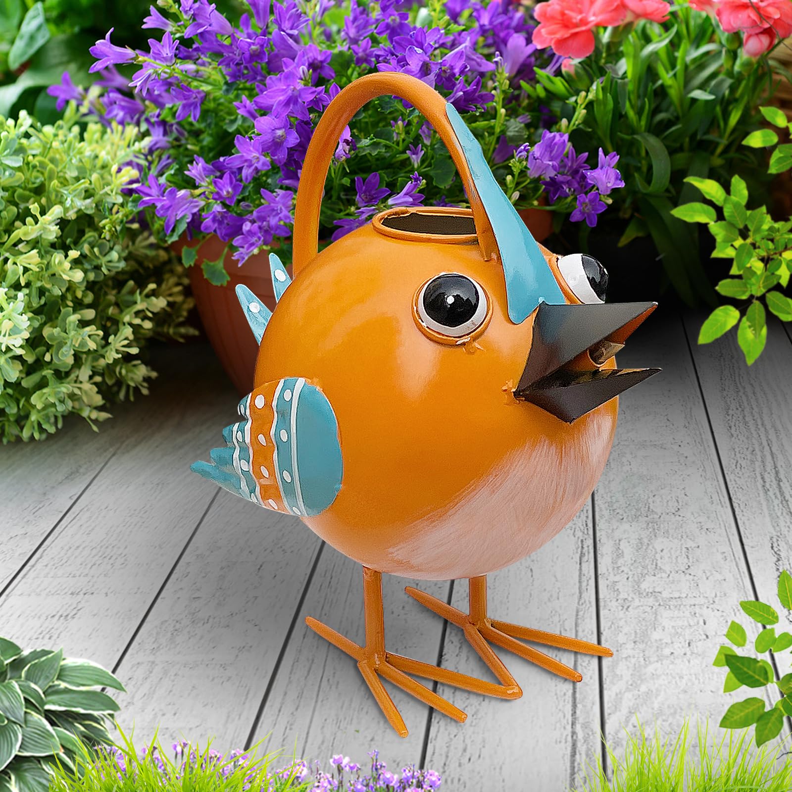 FGYPYLFF bird watering can next to pot to show compact 0.5-gallon capacity scale