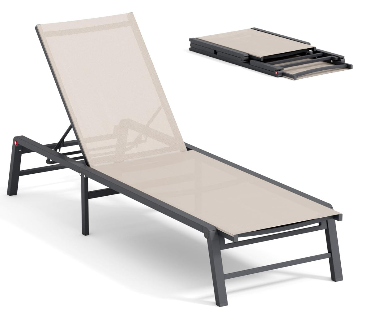 FHVIT chaise front view showing full beige recliner and stable base, great outdoor comfort