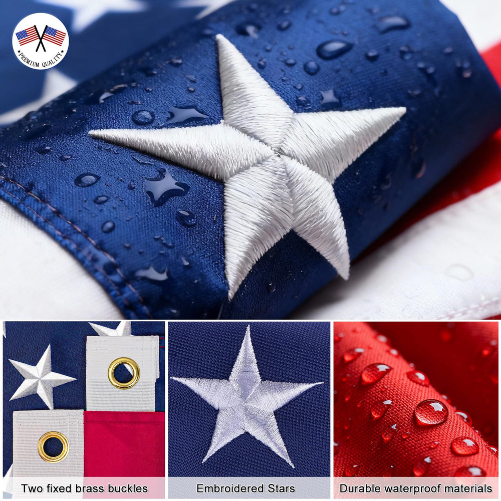 FIASON embroidered 3x5 American flag close-up showing vibrant colors and stitch detail