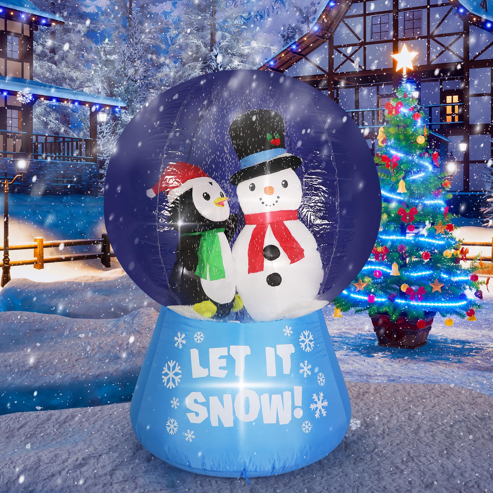 Fiaygro snow globe front view showing festive characters and scale