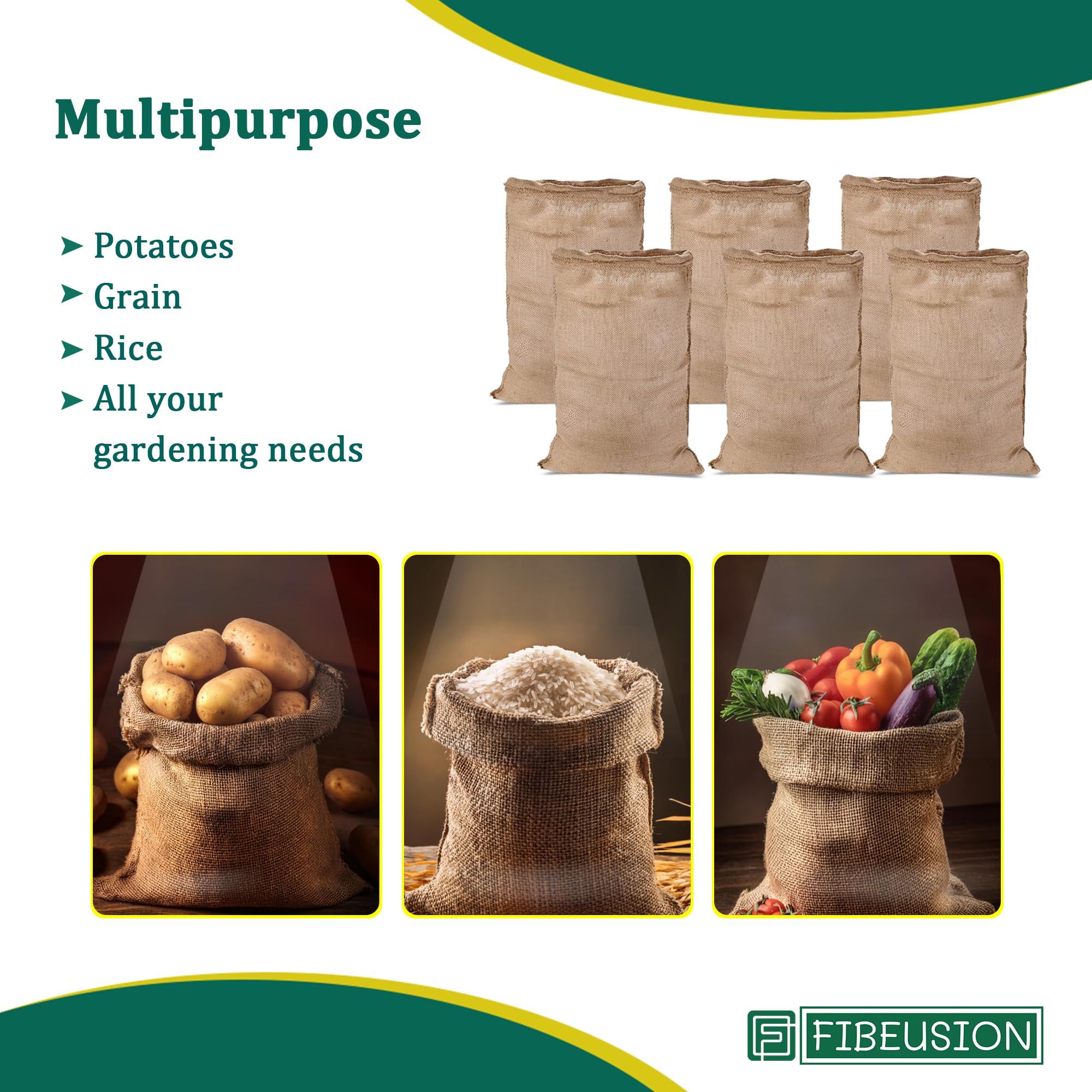 FIBEUSION folded and stacked five sacks showing reusable convenience