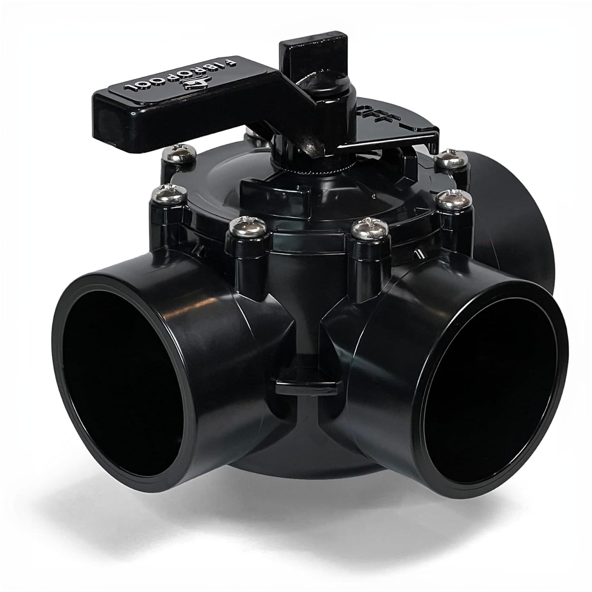 FibroPool front view of 3-way CPVC valve showing ports and handle for reliable flow control