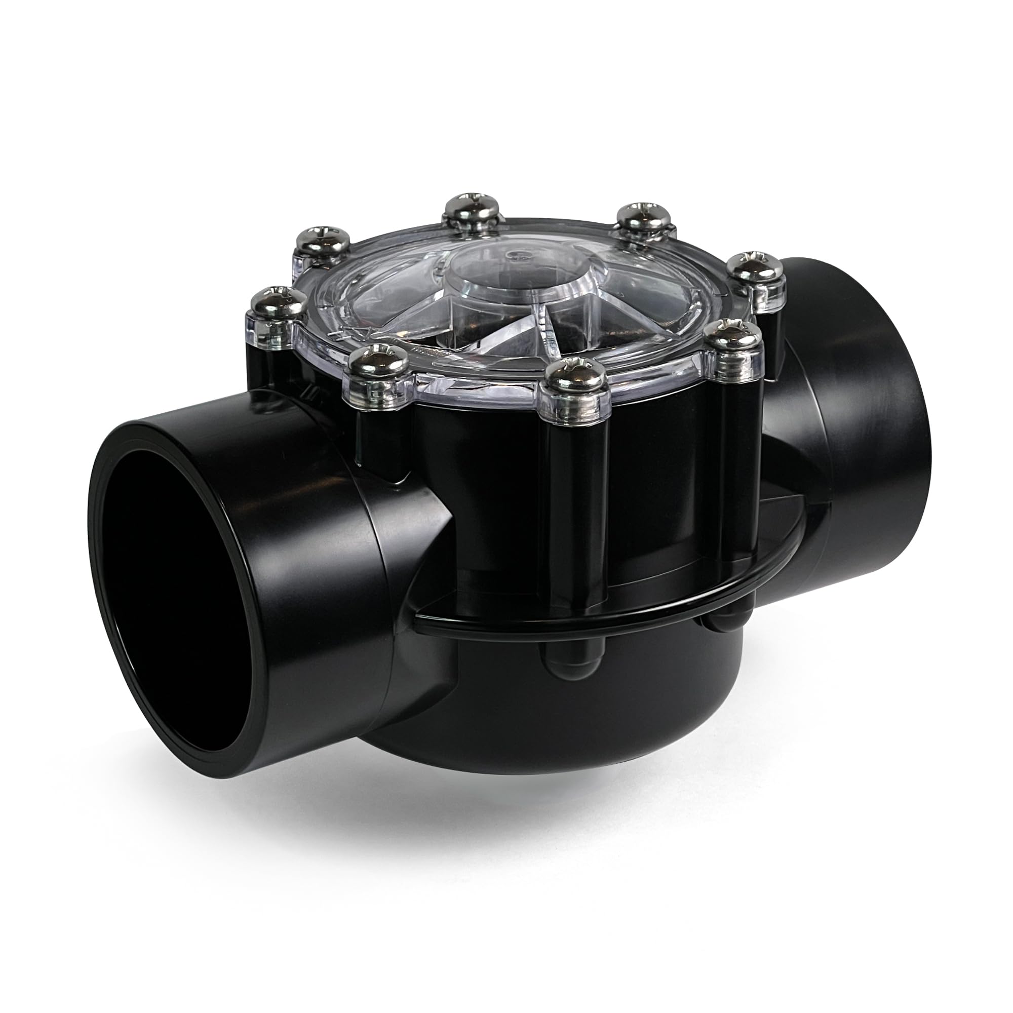 FibroPool check valve front view showing valve body and slip ports for durable installs