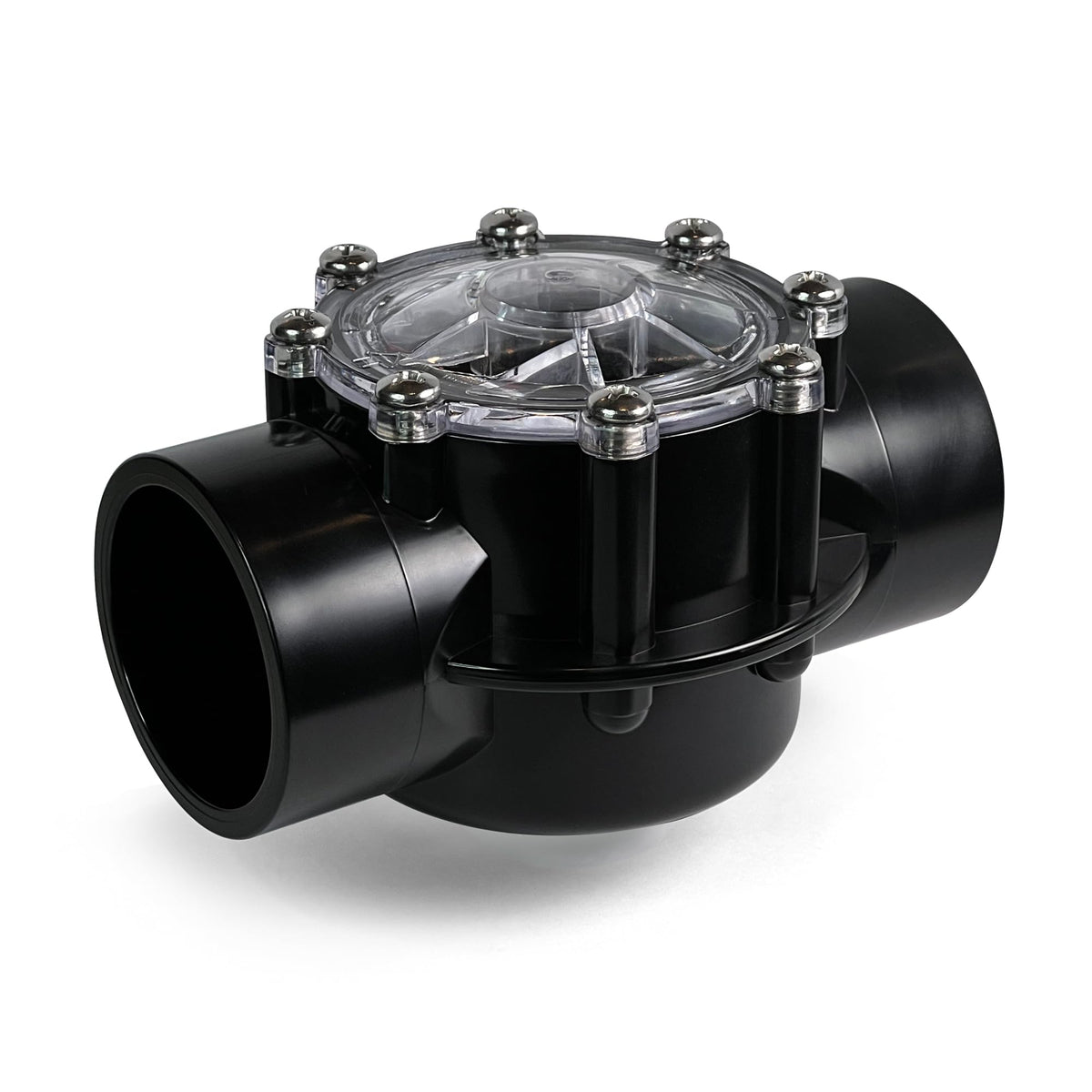 FibroPool check valve front view showing valve body and slip ports for durable installs