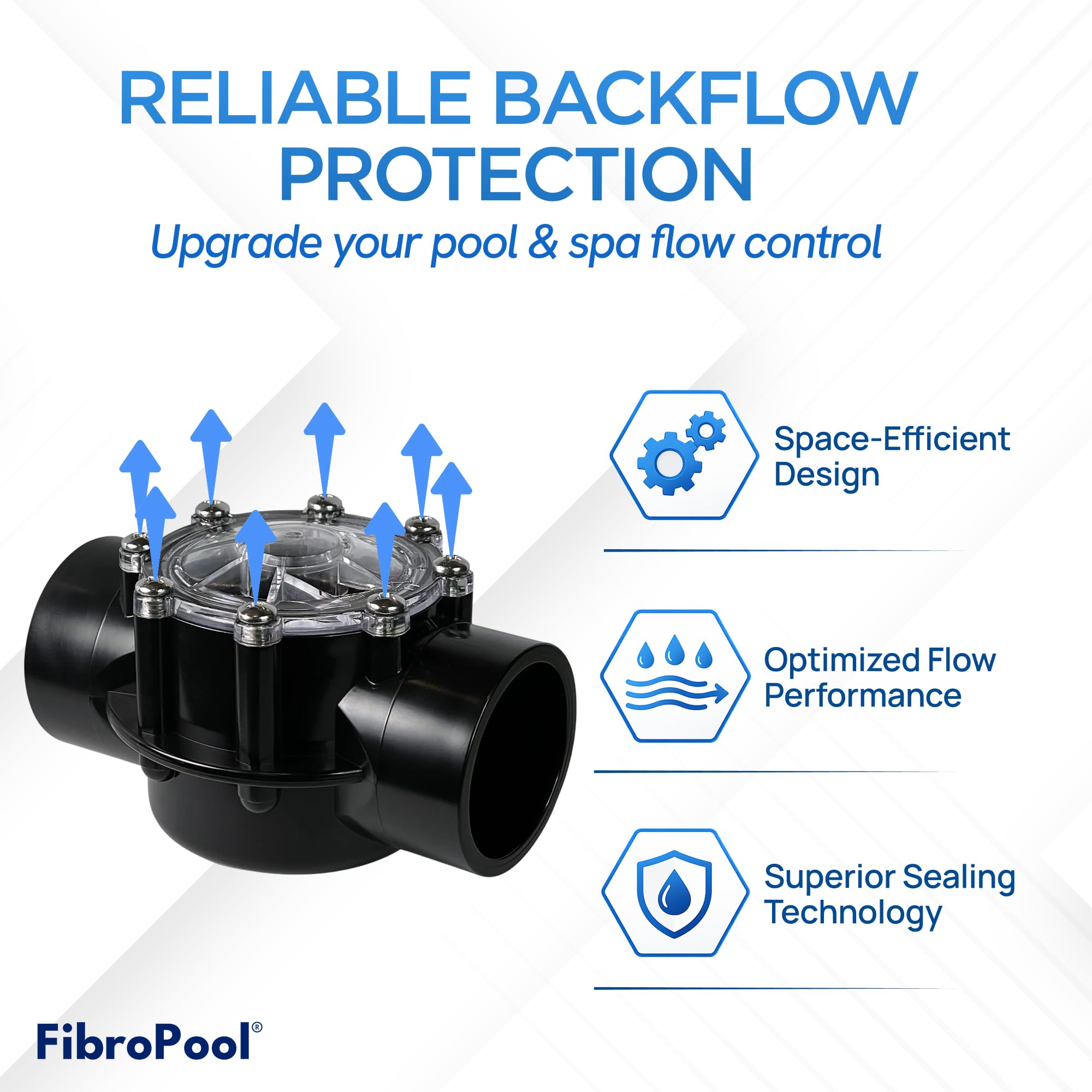 FibroPool valve next to 1.5" PVC pipe showing correct size for direct replacement