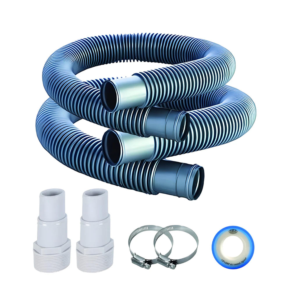 FibroPool front view showing two 1.5 in x 6 ft hoses and included kit items for quick replacement