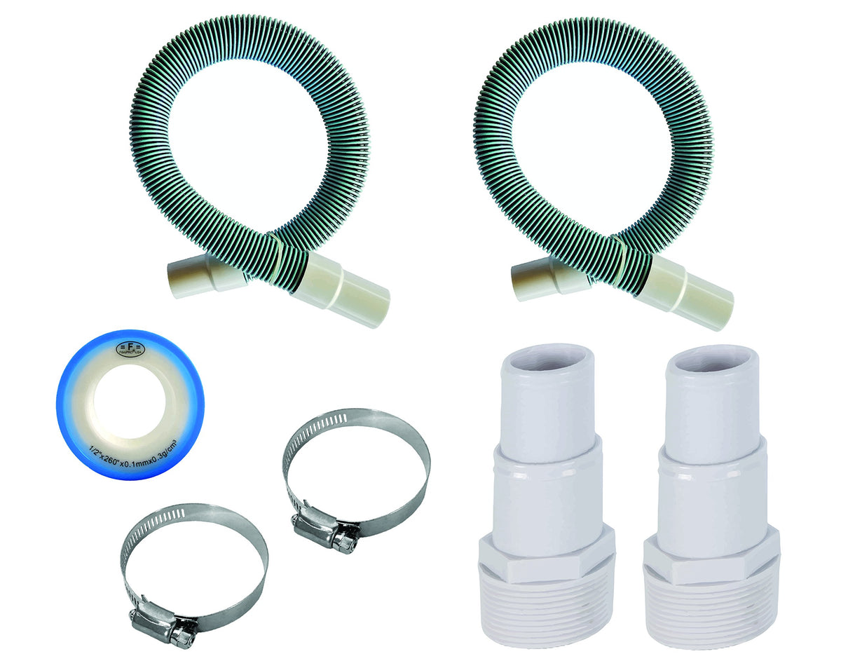 FibroPool front view of two-pack filter hose kit showing contents and benefit of ready replacement
