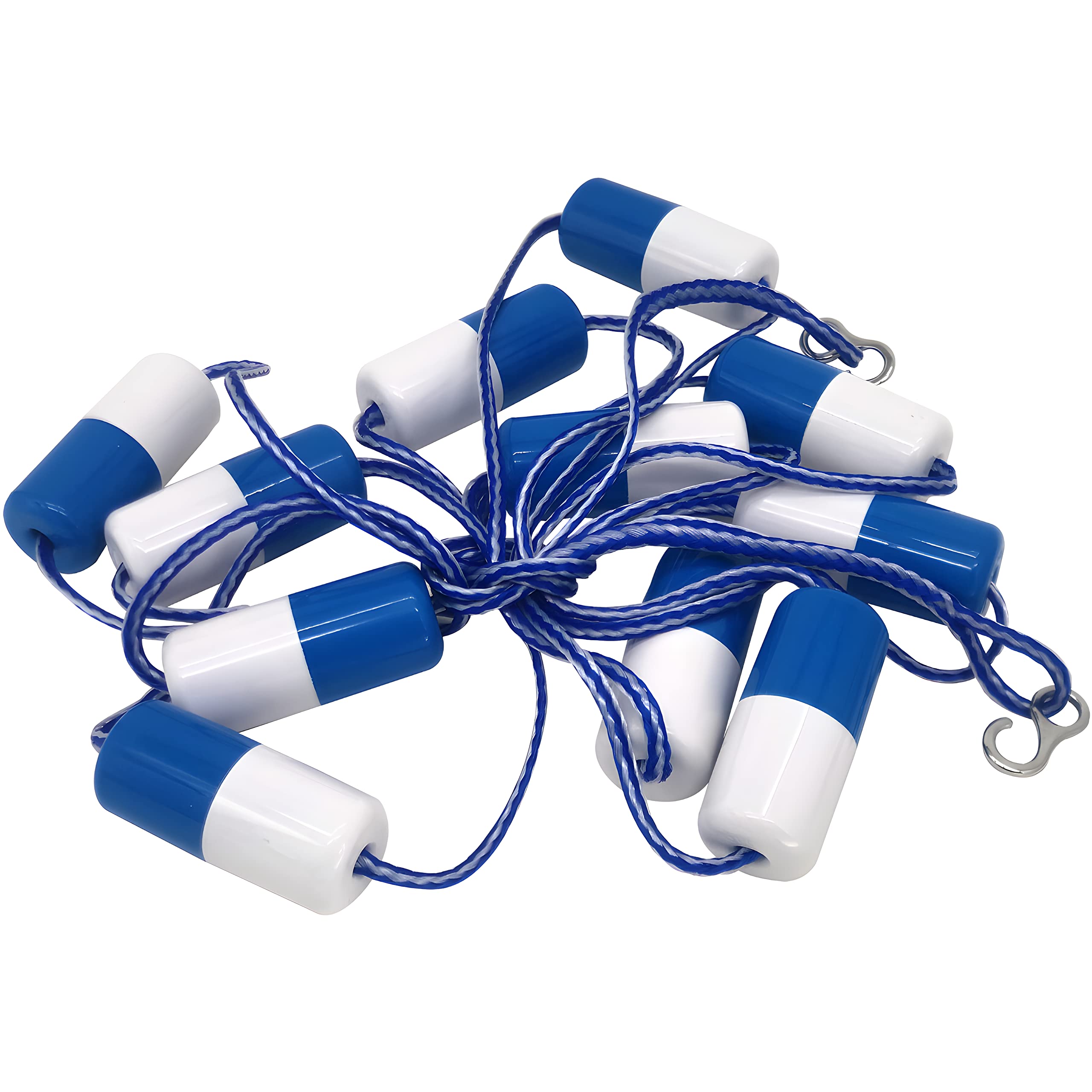 FibroPool front view of 22 ft safety rope showing floats and hooks for clear boundary