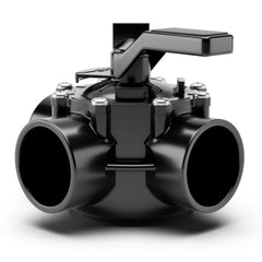FibroPool front view of 3-way diverter valve showing compact durable body and ports