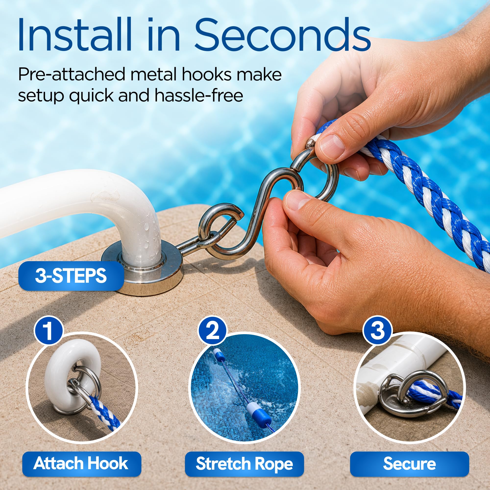 FibroPool stainless steel hook close-up highlighting corrosion-resistant benefit