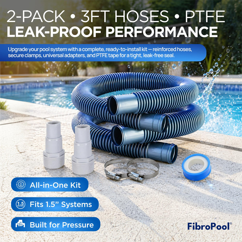 FibroPool hose close-up showing flexible PTFE texture and consistent 1.5in diameter for reliable flow