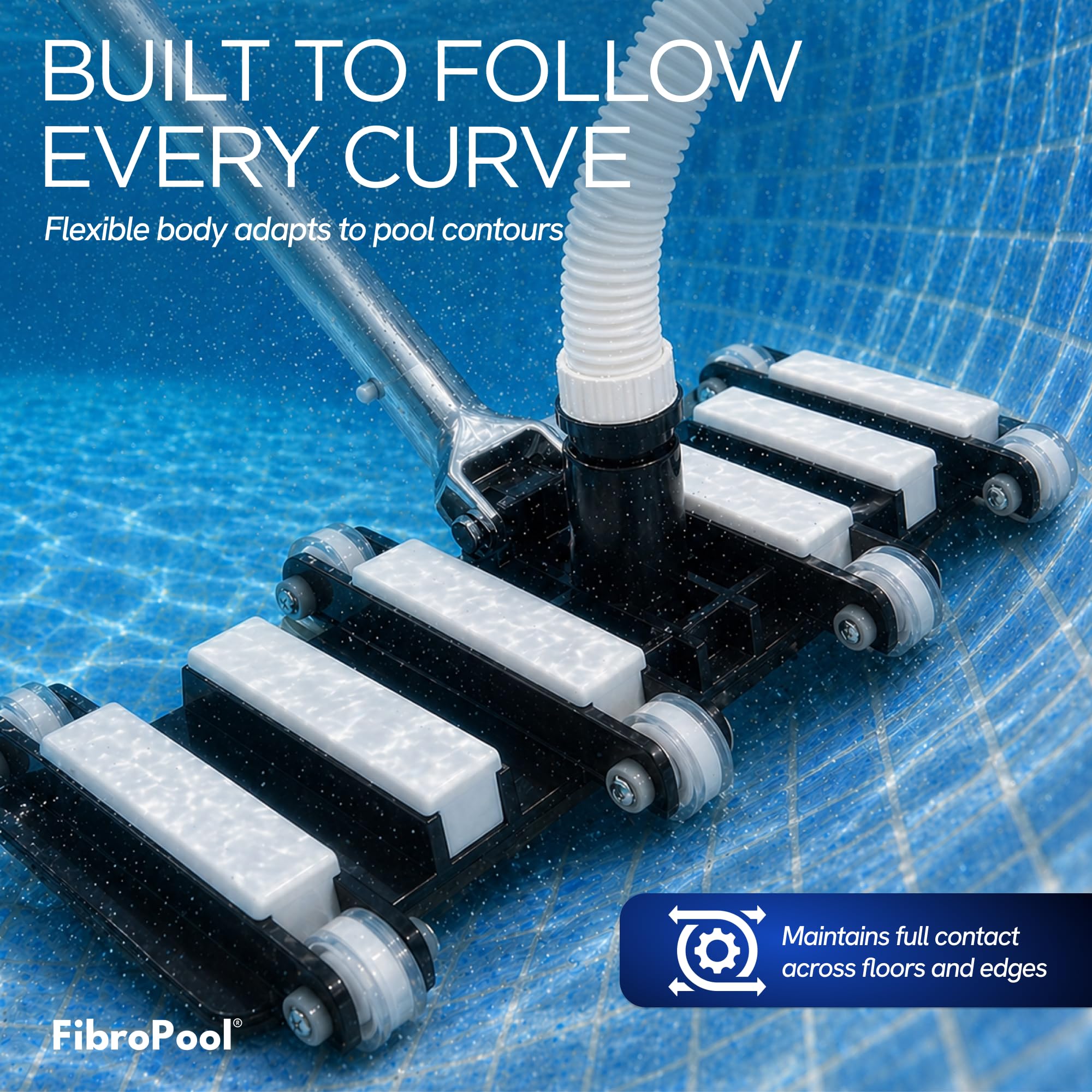 FibroPool chrome-plated handle and 1.5 inch suction port for universal hose connection benefit