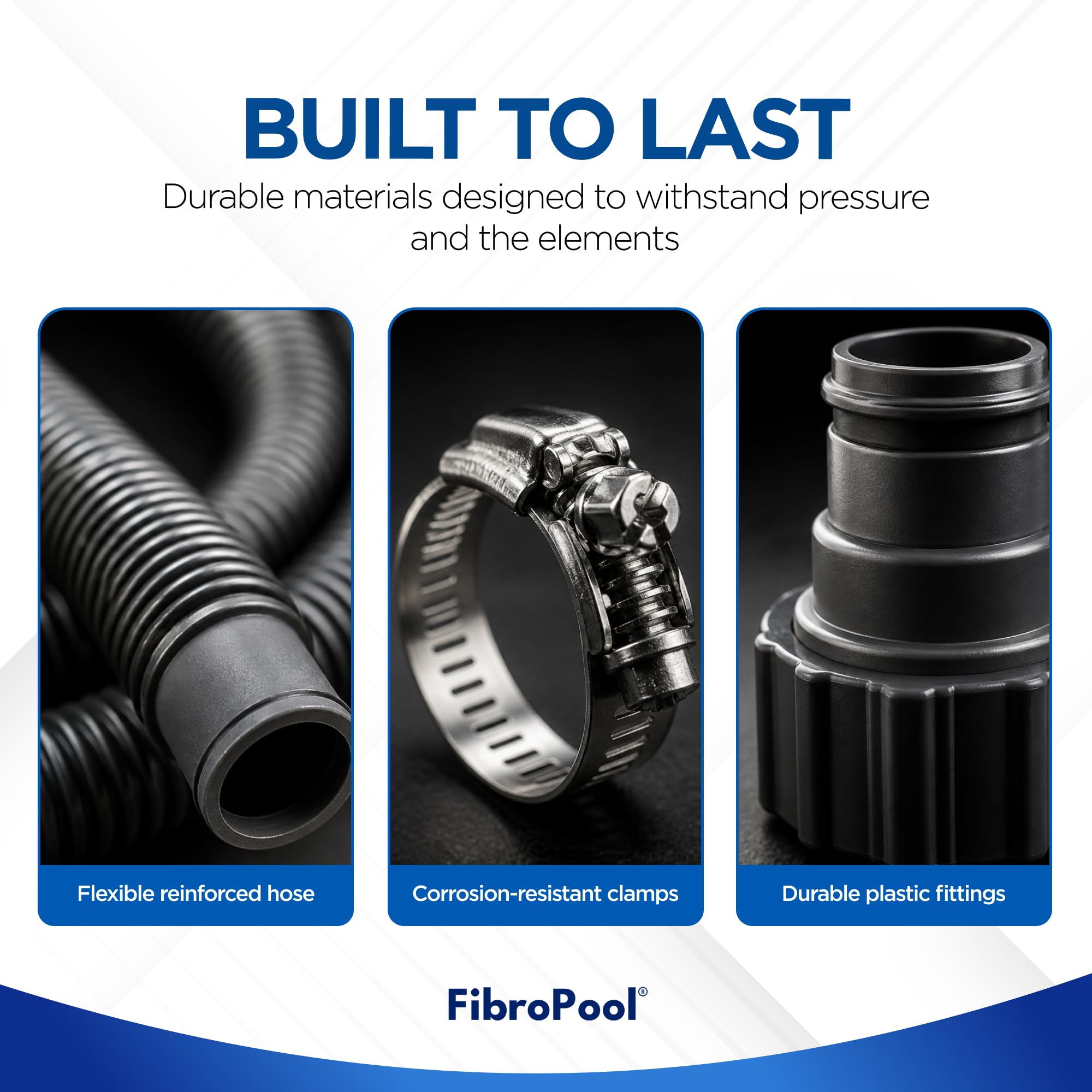 FibroPool hose end connected to fitting demonstrating secure seal benefit